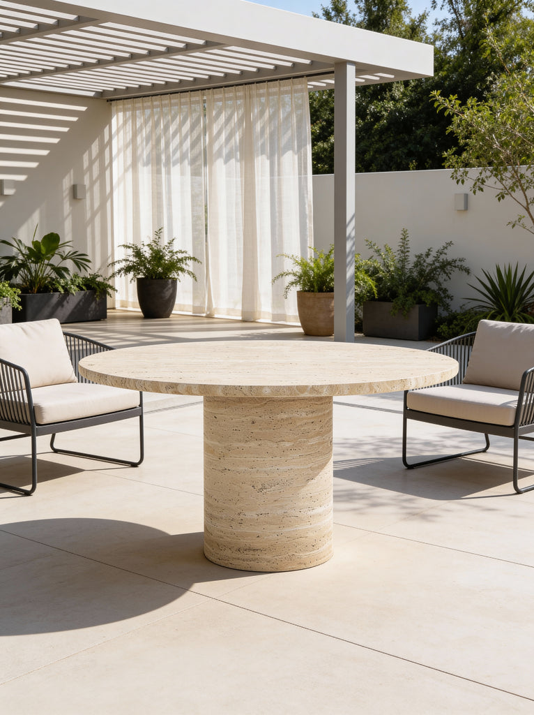 Aurelius Travertine Dining Table Outdoor Perspective View 1
