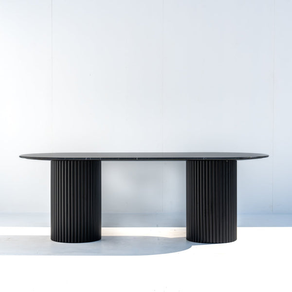 Black Marquina Oval Marble Dining Table Front Perspective View 1