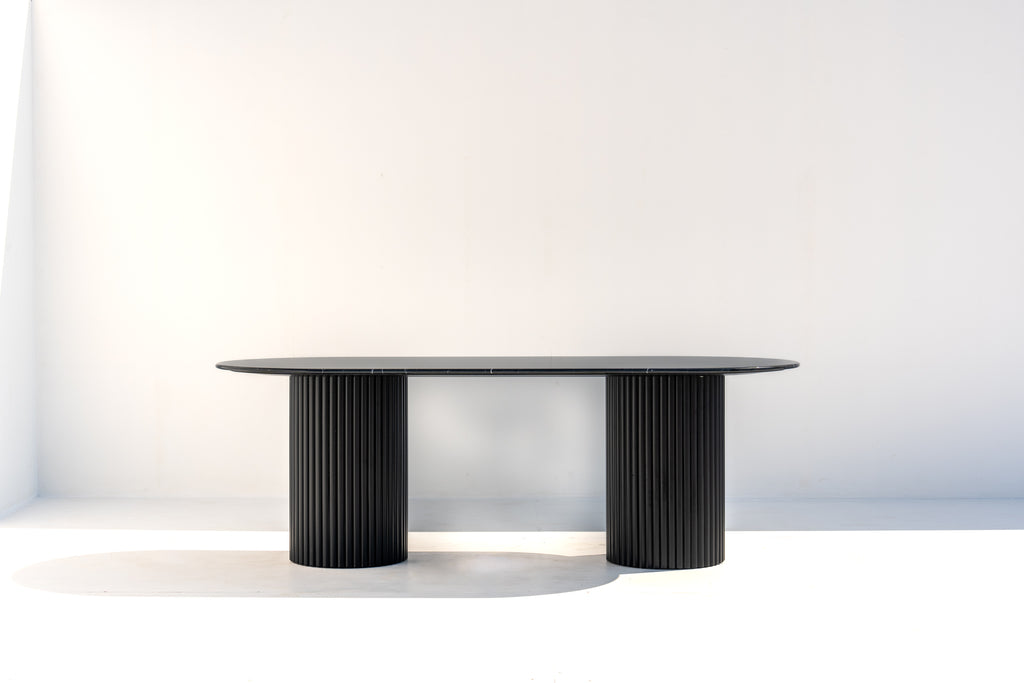 Black Marquina Oval Marble Dining Table Front Perspective View 2