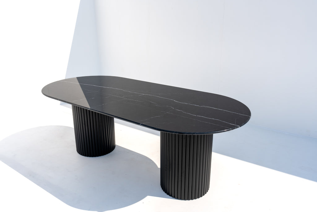 Black Marquina Oval Marble Dining Table Perspective View 2