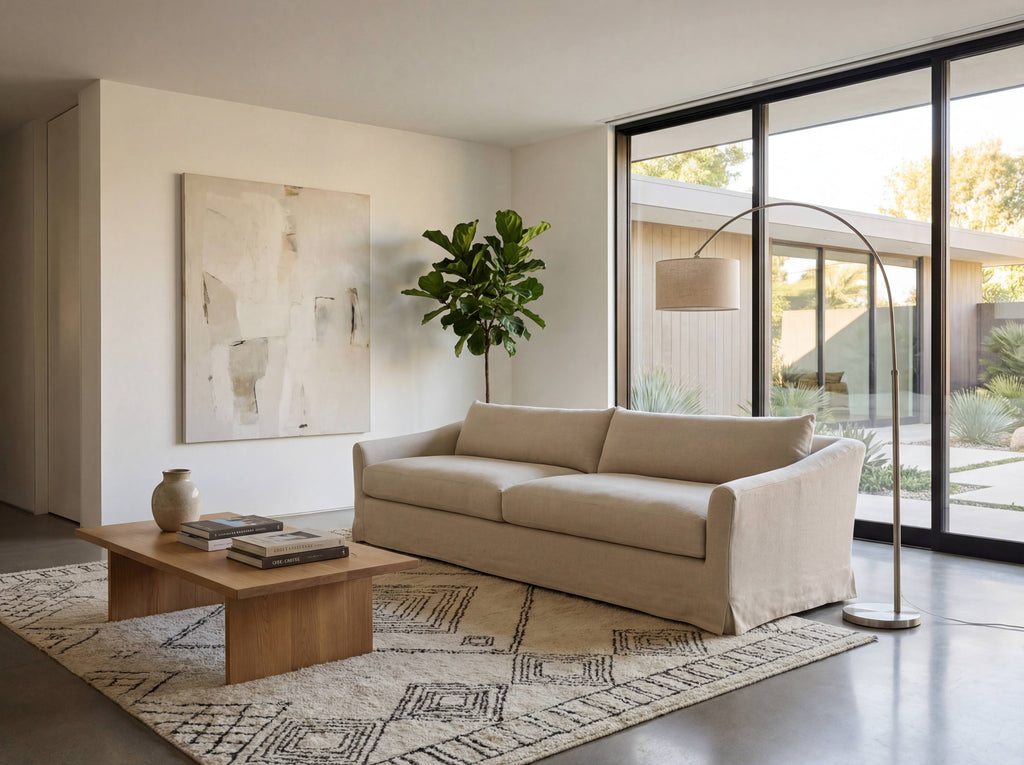 Classic Linen Skirted 3 Seater Sofa Indoor Perspective View 2
