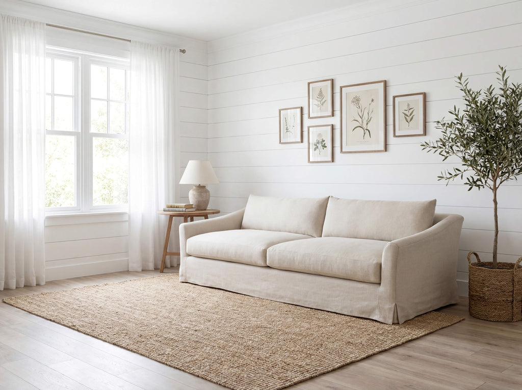 Classic Linen Skirted 3 Seater Sofa Indoor Perspective View 3
