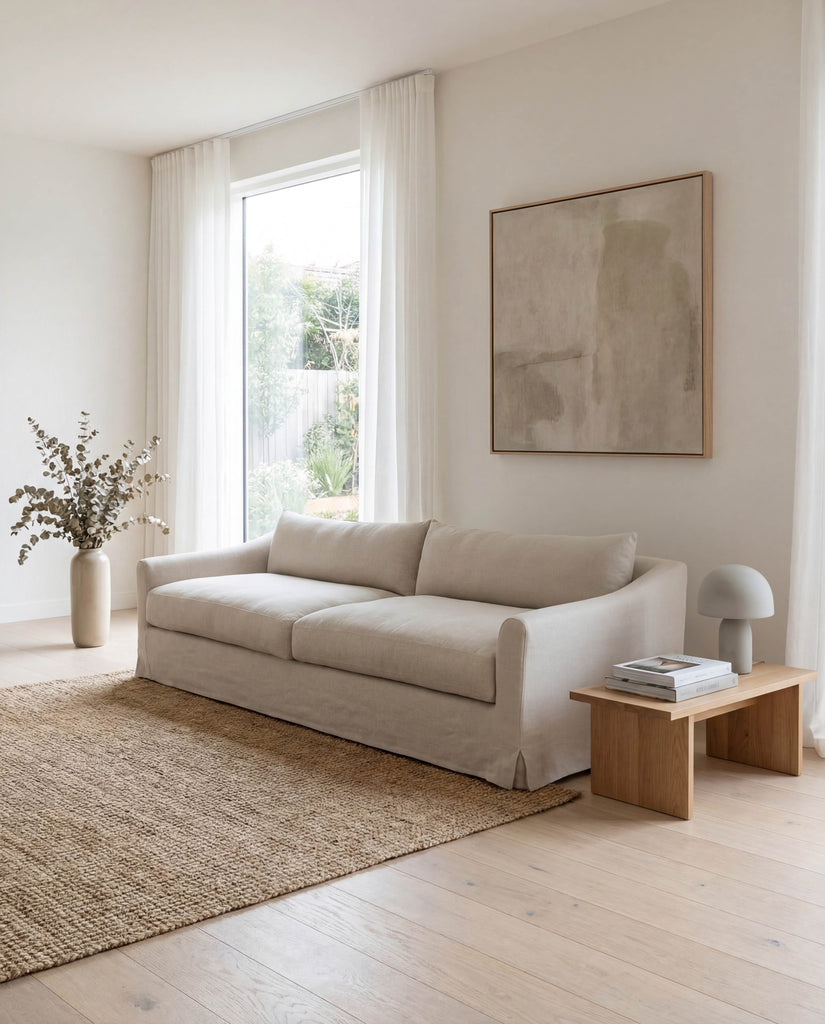 Classic Linen Skirted 3 Seater Sofa Indoor Perspective View 5