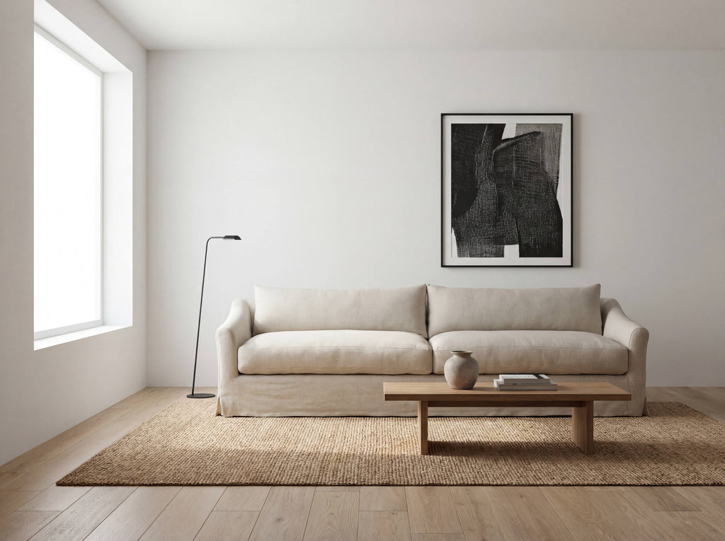 Classic Linen Skirted 3 Seater Sofa Indoor Perspective View 7