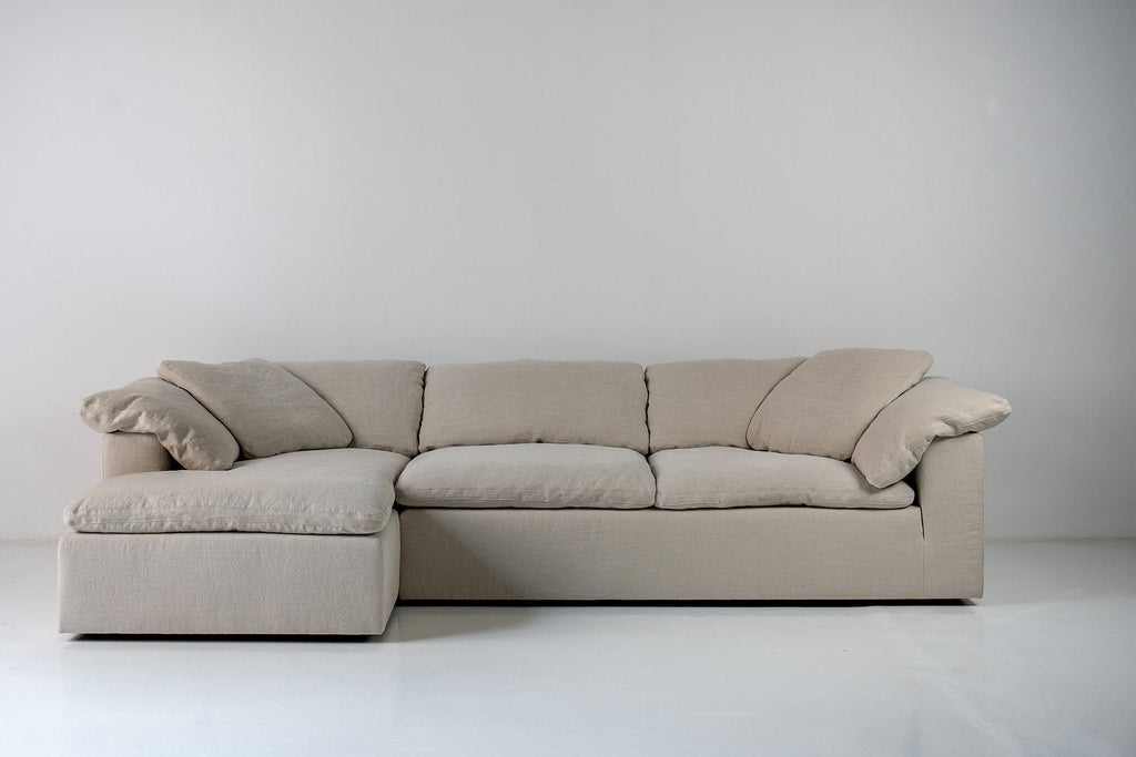 Cloud Linen and Feather Sofa (Left Chaise) Front Perspective View 1