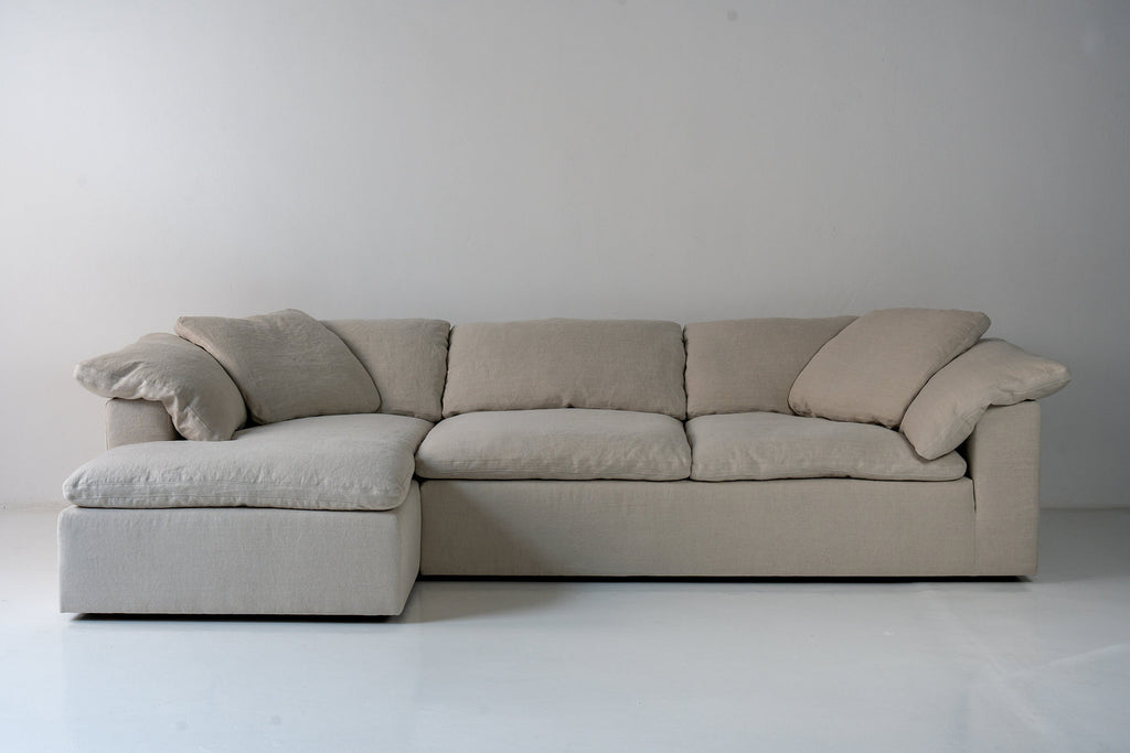 Cloud Linen and Feather Sofa (Left Chaise) Front Perspective View 2