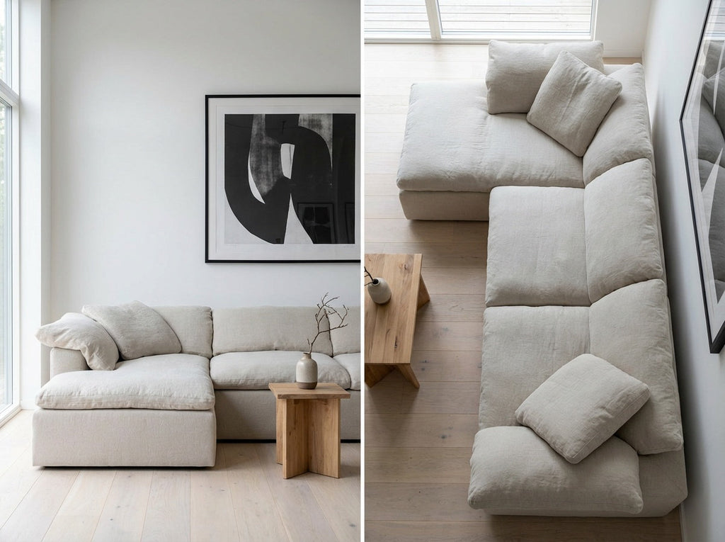 Cloud Linen and Feather Sofa (Left Chaise) Indoor Perspective View 3