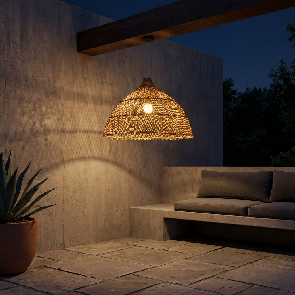 Coast Bell Rattan Pendant Light FrontPerspective Night View 3