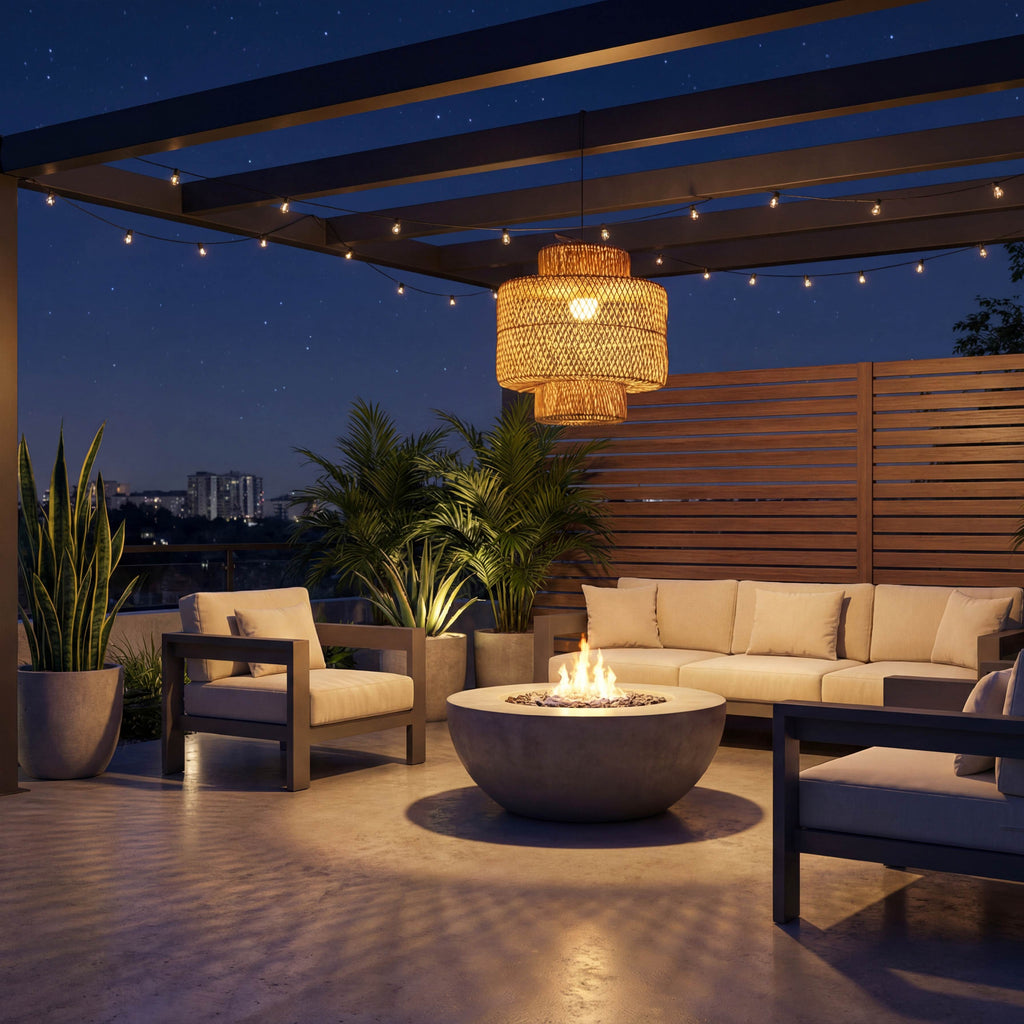 Desert Fringe Rattan Pendant Light Outdoor Night View 