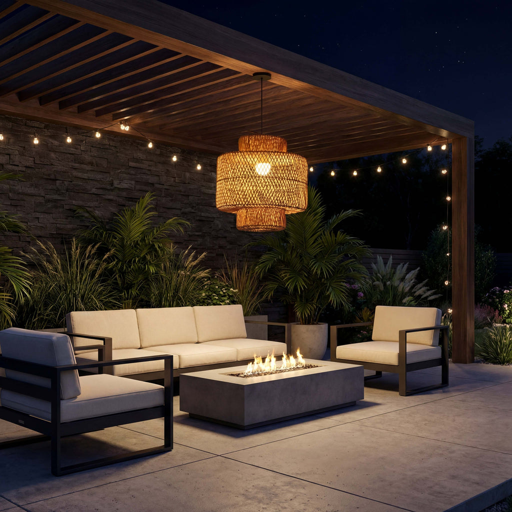 Desert Fringe Rattan Pendant Light Outdoor Night View 2