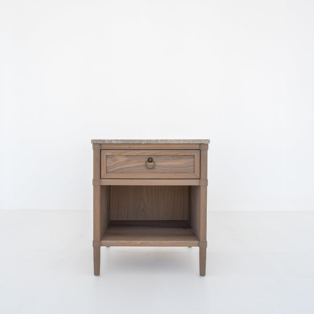 Elara Marble and Oak Nightstand Front View 1
