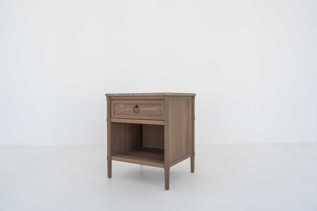 Elara Marble and Oak Nightstand Perspective View 1