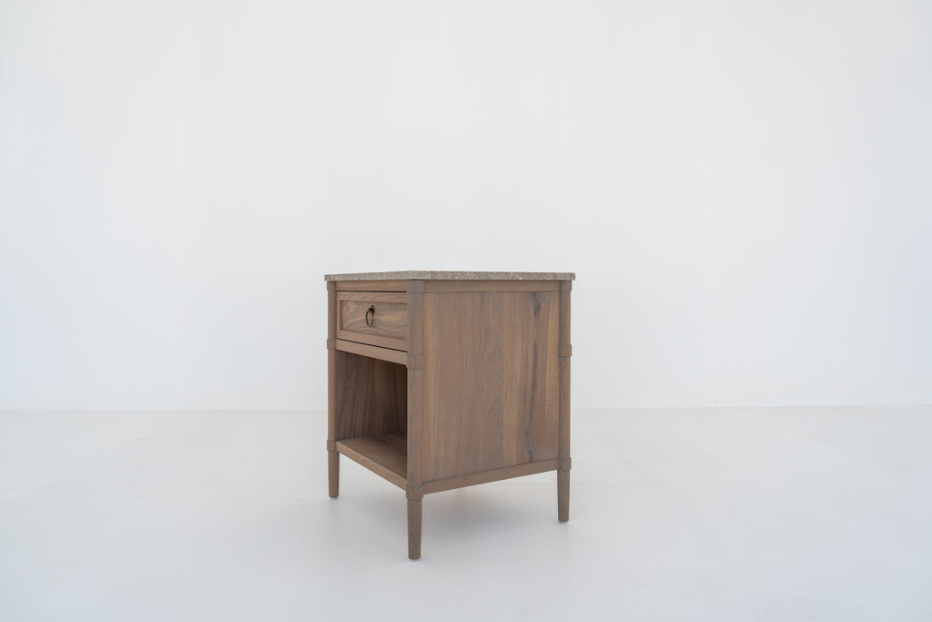 Elara Marble and Oak Nightstand Perspective View 2