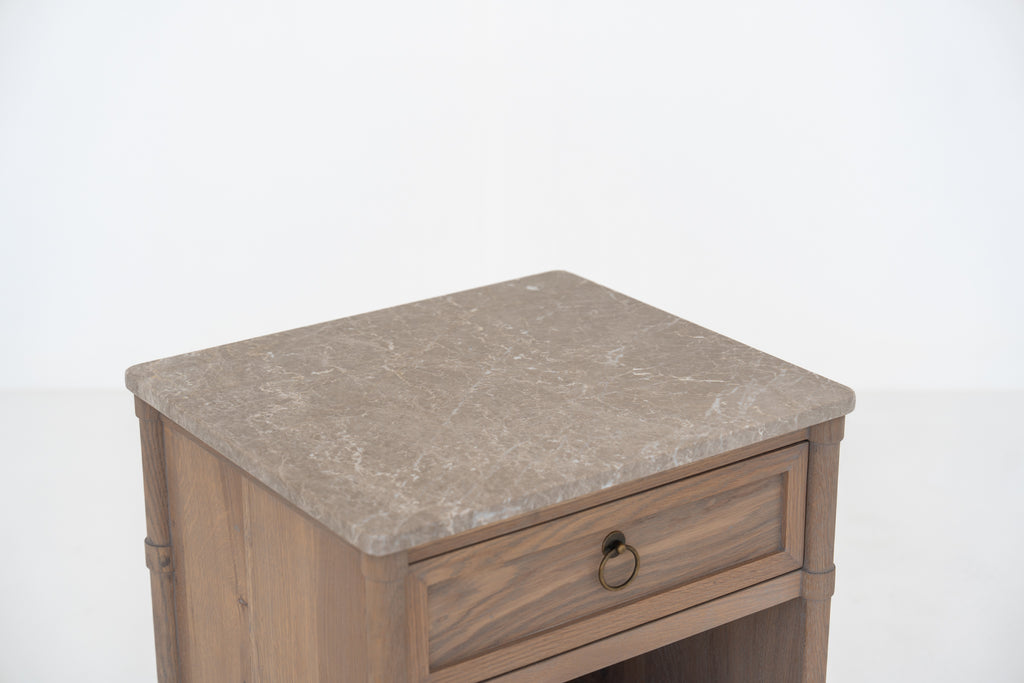 Elara Marble and Oak Nightstand Perspective View 9