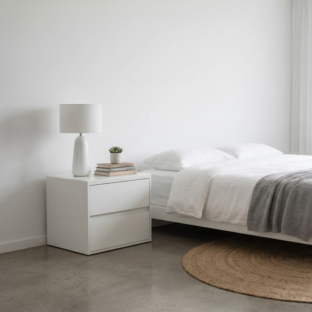 Form Microcement Bedside Table with Marble Top Indoor View 1