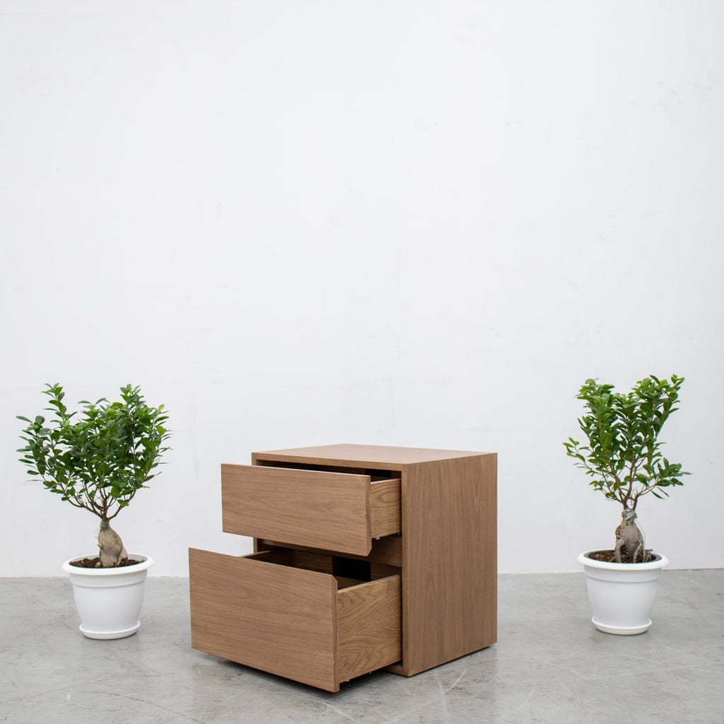 Modern Smoked Oak Bedside Table with Drawers Side view
