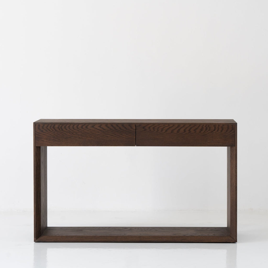 Oak Console Table with Drawers Dark Roast Finish Front Perspective View 1