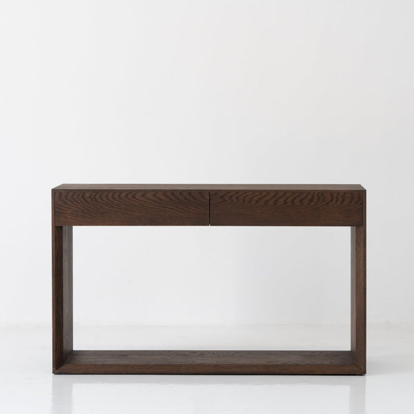 Oak Console Table with Drawers Dark Roast Finish Front Perspective View 1