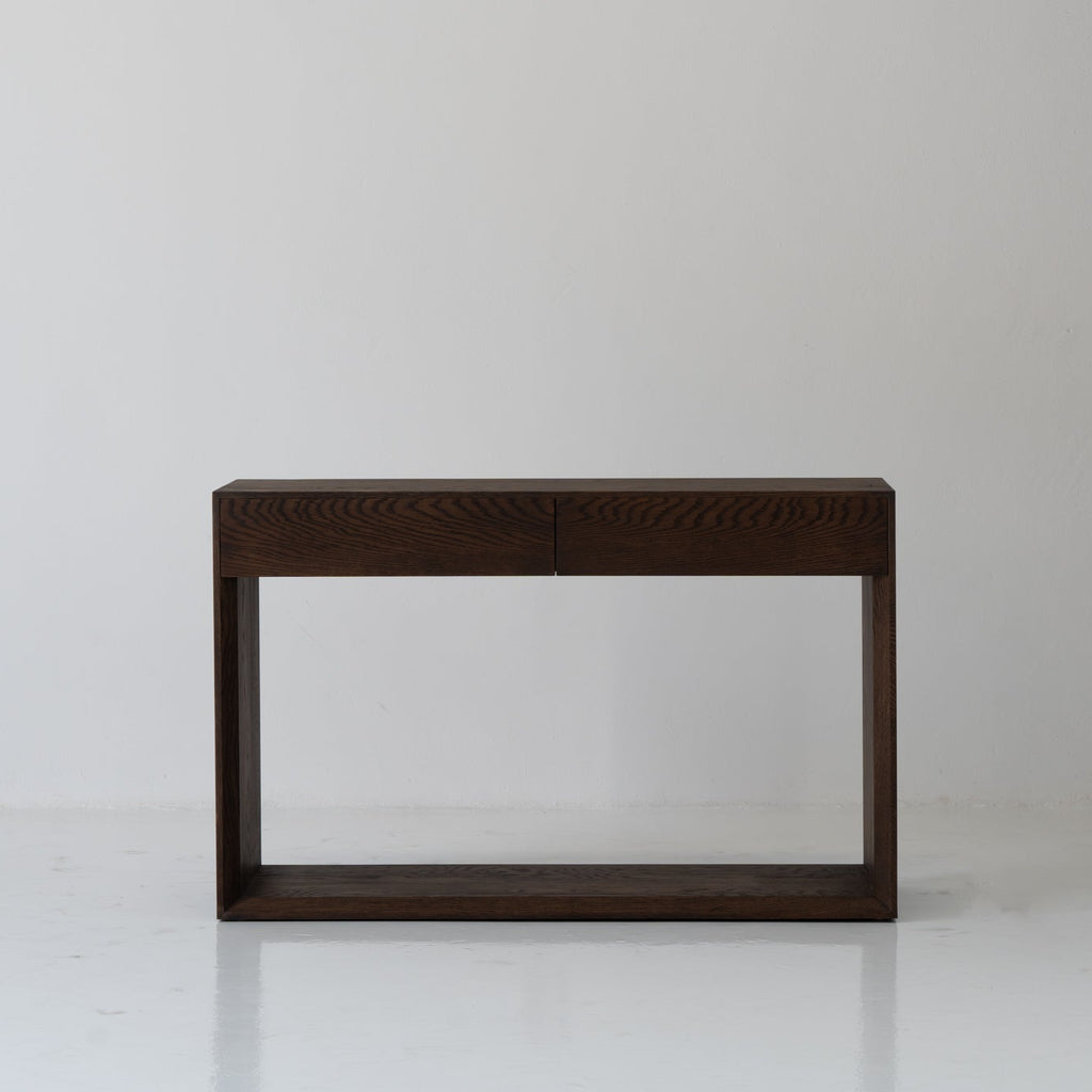 Oak Console Table with Drawers Dark Roast Finish Front Perspective View 2