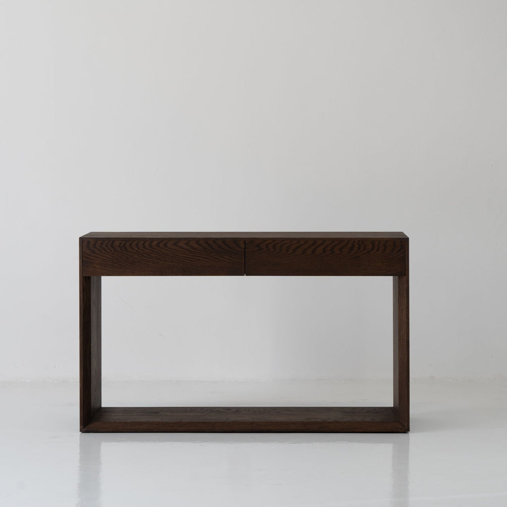 Oak Console Table with Drawers Dark Roast Finish Front Perspective View 3