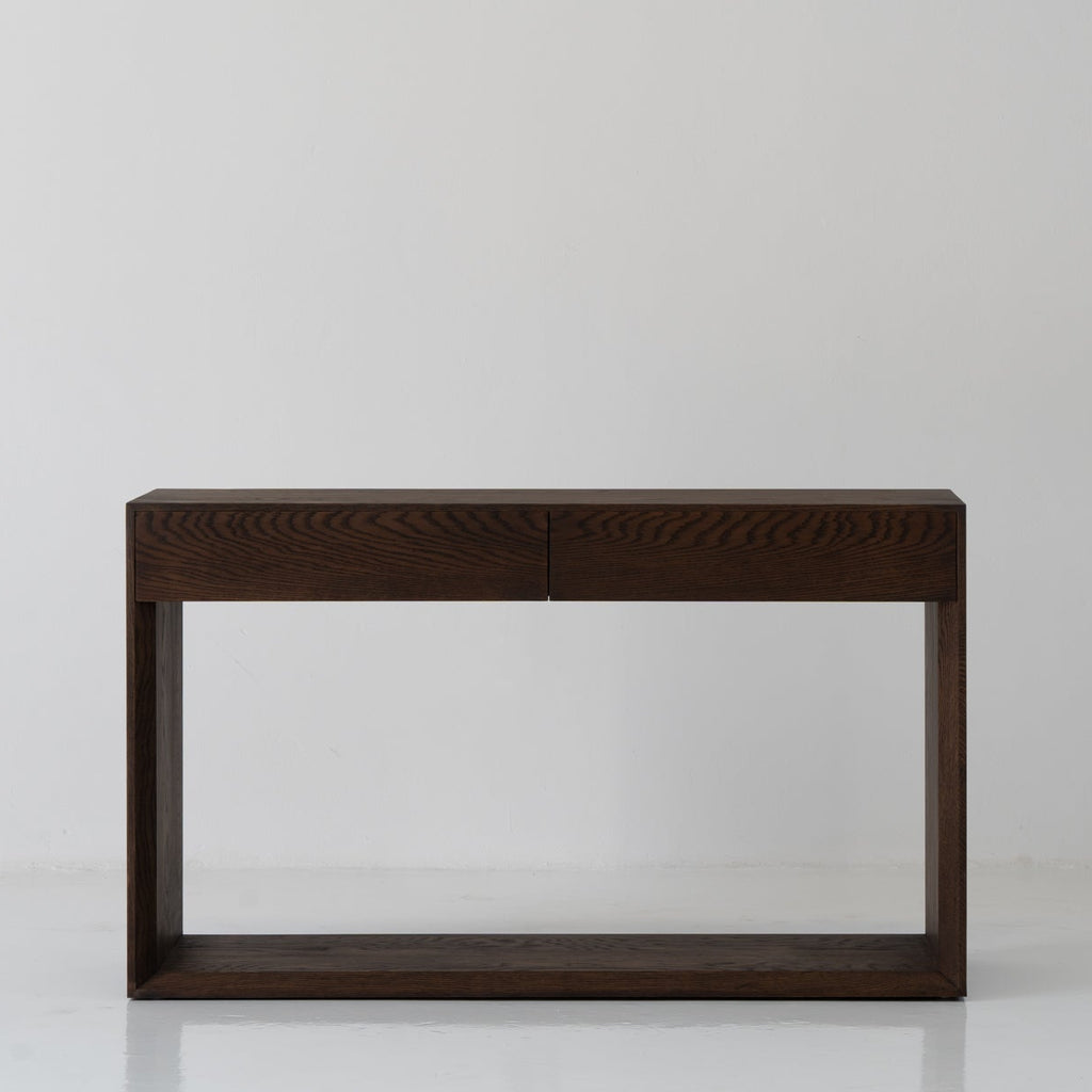 Oak Console Table with Drawers Dark Roast Finish Front Perspective View 4