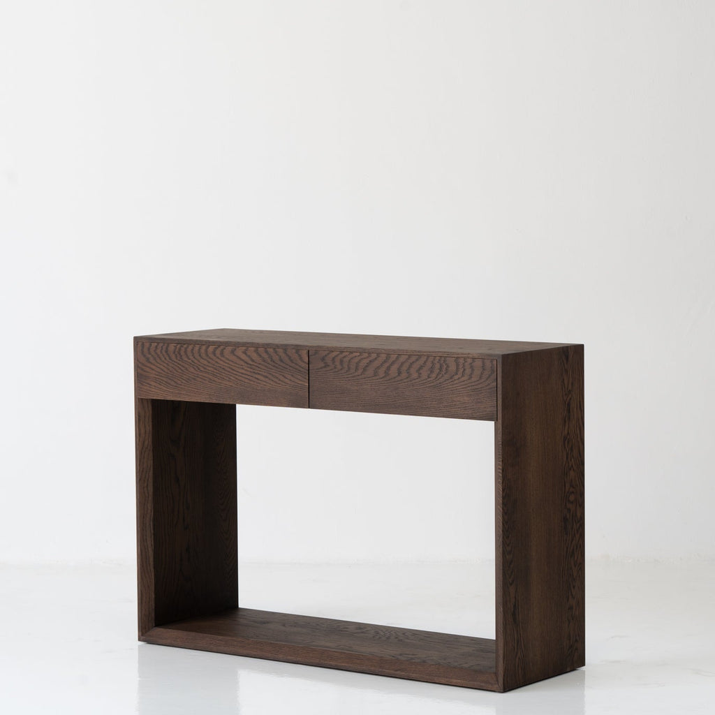 Oak Console Table with Drawers Dark Roast Finish Perspective View 1
