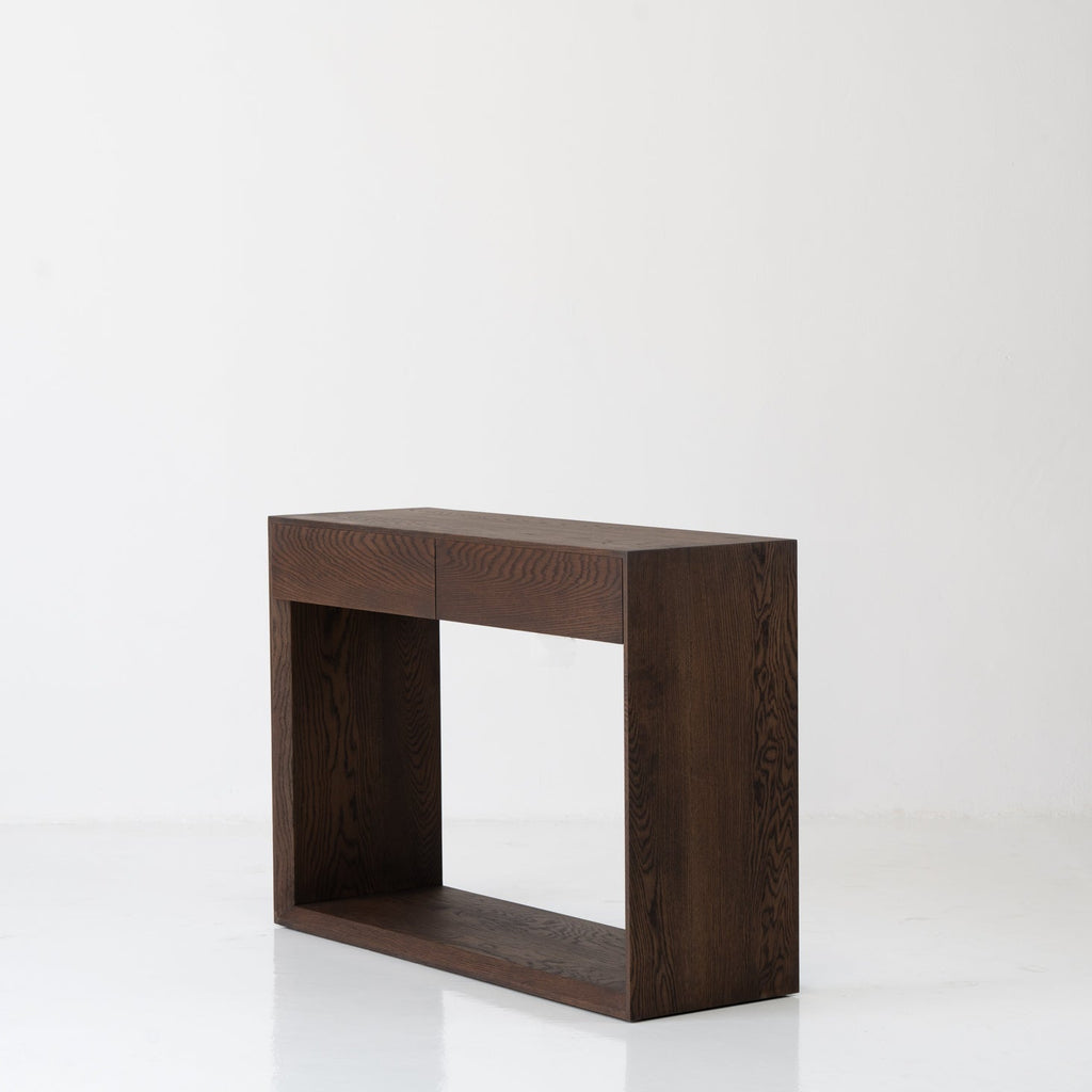 Oak Console Table with Drawers Dark Roast Finish Perspective View 2