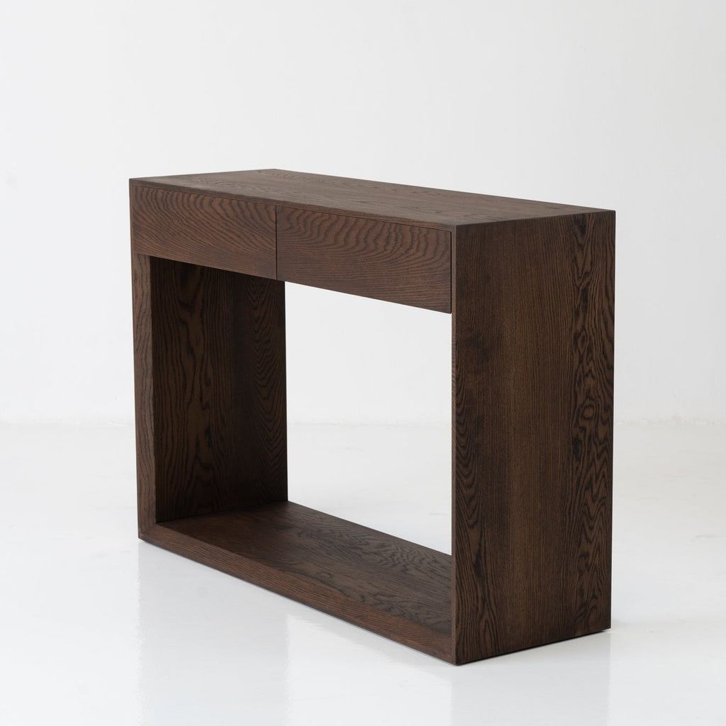 Oak Console Table with Drawers Dark Roast Finish Perspective View 6
