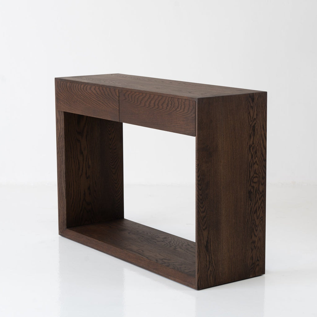 Oak Console Table with Drawers Dark Roast Finish Perspective View 7