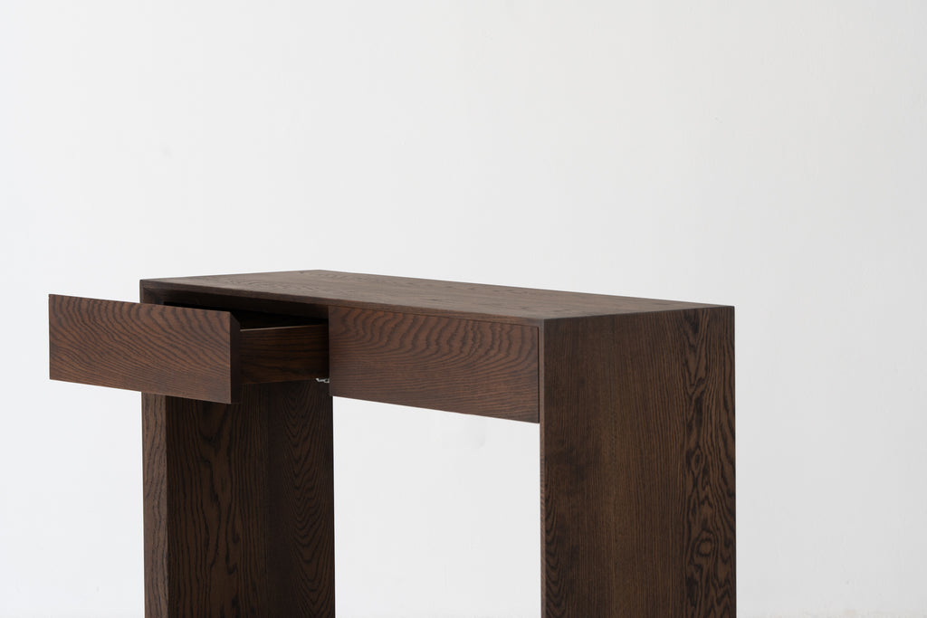Oak Console Table with Drawers Dark Roast Finish Perspective View 8