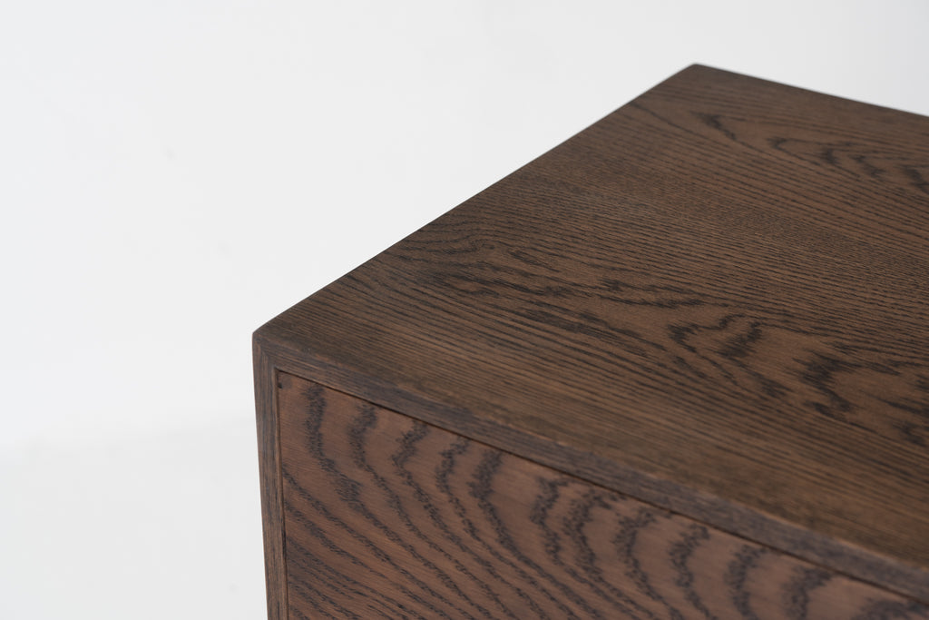 Oak Console Table with Drawers Dark Roast Finish Top Detailed Texture View 1