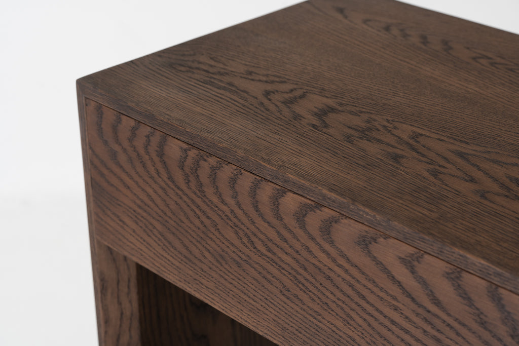 Oak Console Table with Drawers Dark Roast Finish Top Detailed Texture View 2