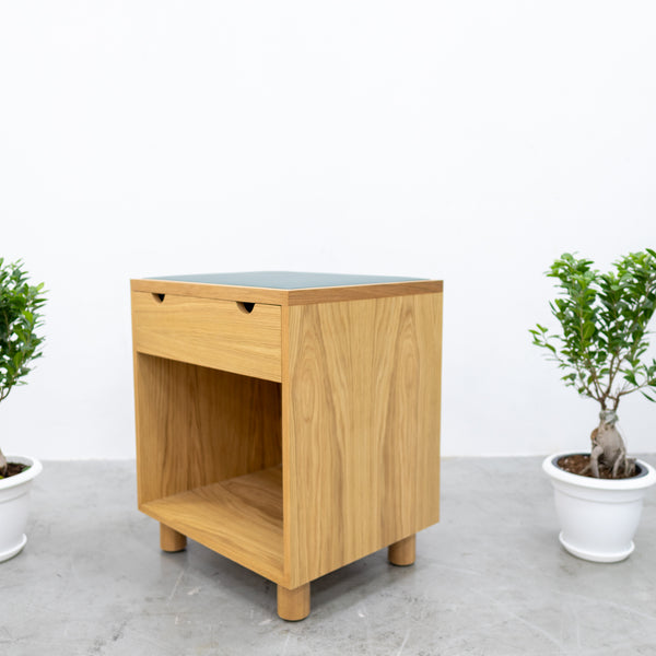 Oak & Leather Top Bedside Table with Drawer