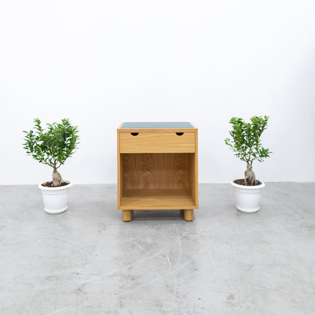 Oak & Leather Top Bedside Table with Drawer Front view 2