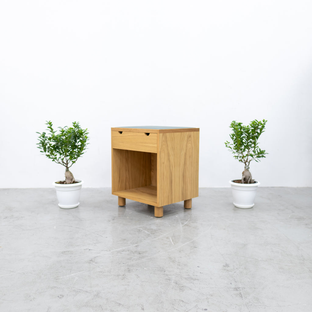 Oak & Leather Top Bedside Table with Drawer Side view 3