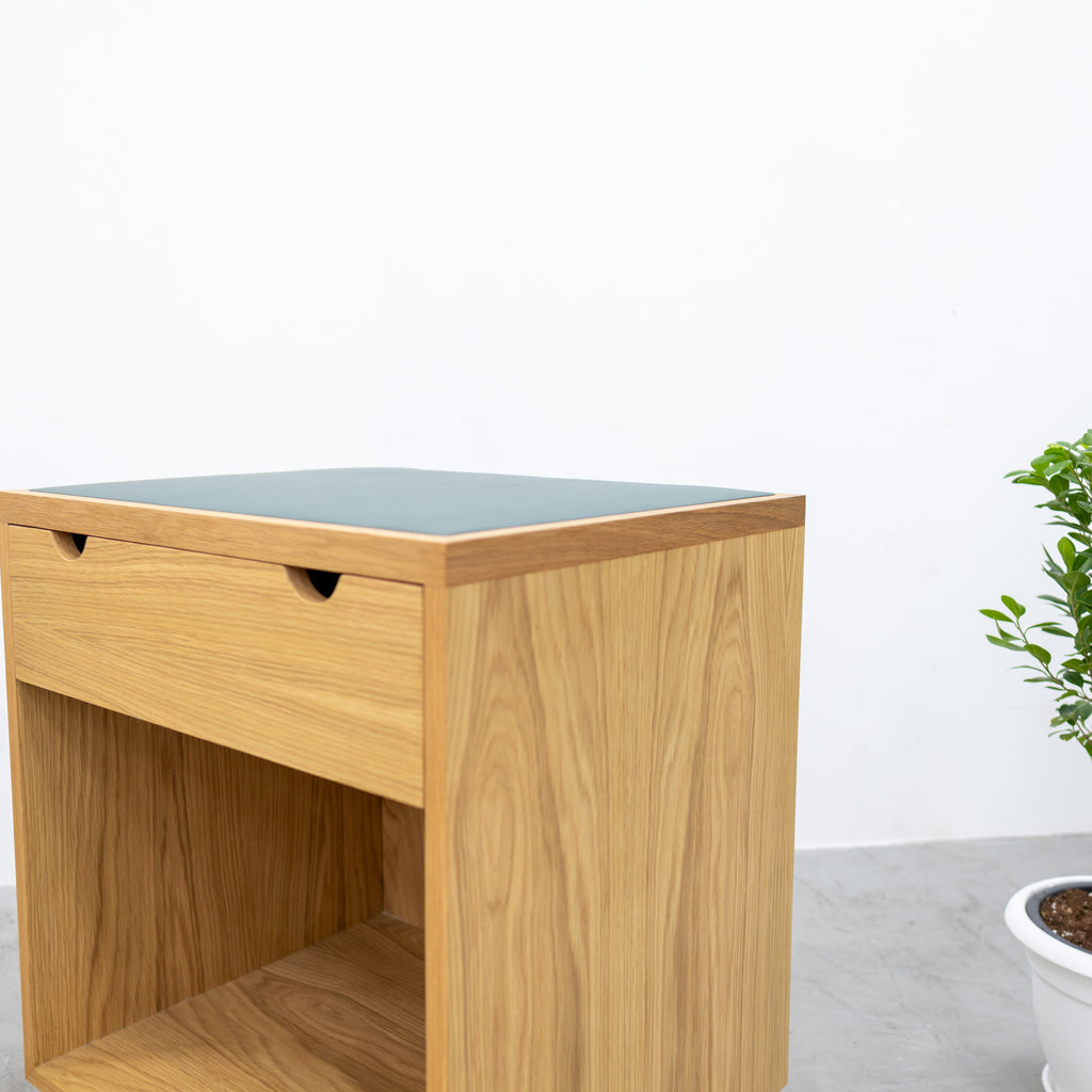 Oak & Leather Top Bedside Table with Drawer Side view 4