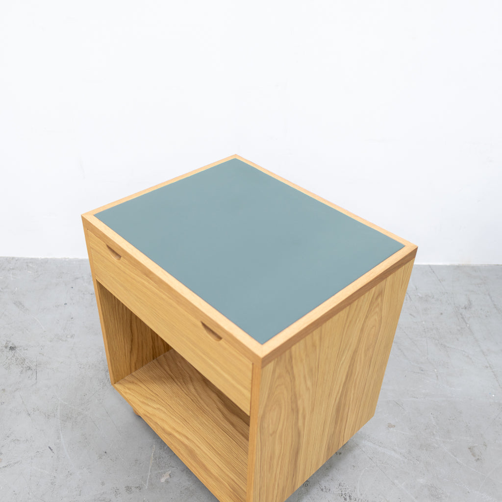 Oak & Leather Top Bedside Table with Drawer Side view 5