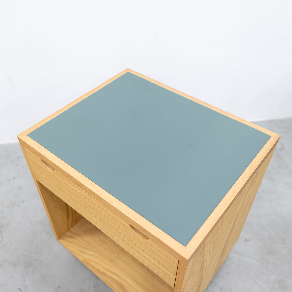 Oak & Leather Top Bedside Table with Drawer Side view 6