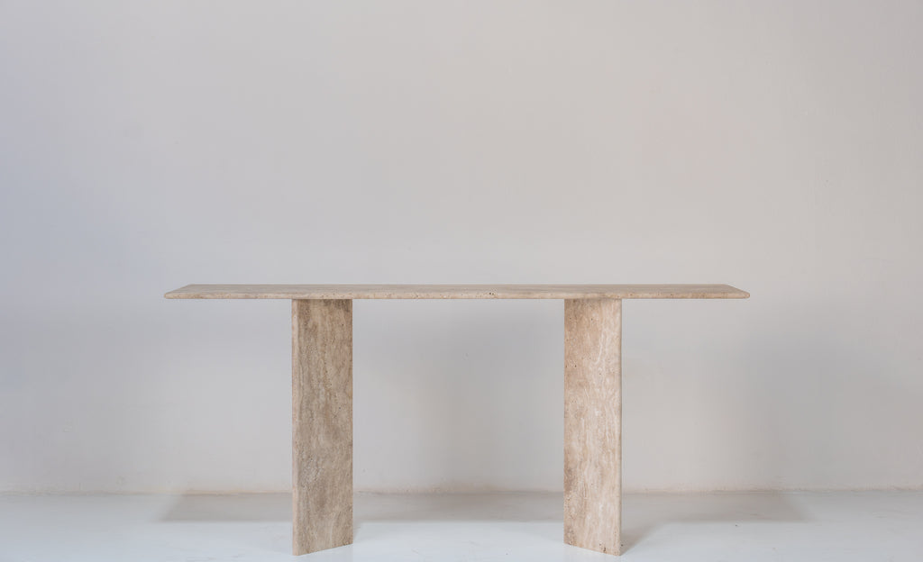 Roma Travertine Console Table Front Perspective View 1