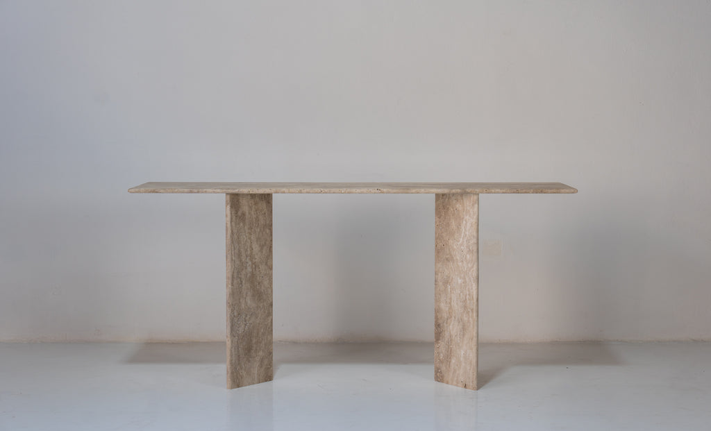 Roma Travertine Console Table Front Perspective View 2