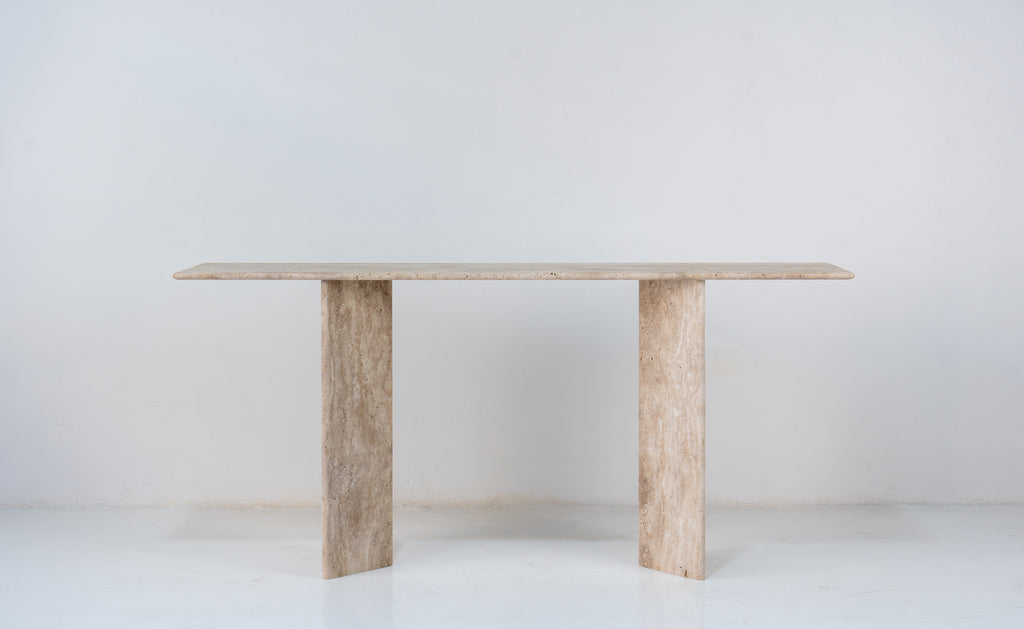 Roma Travertine Console Table Front Perspective View 3