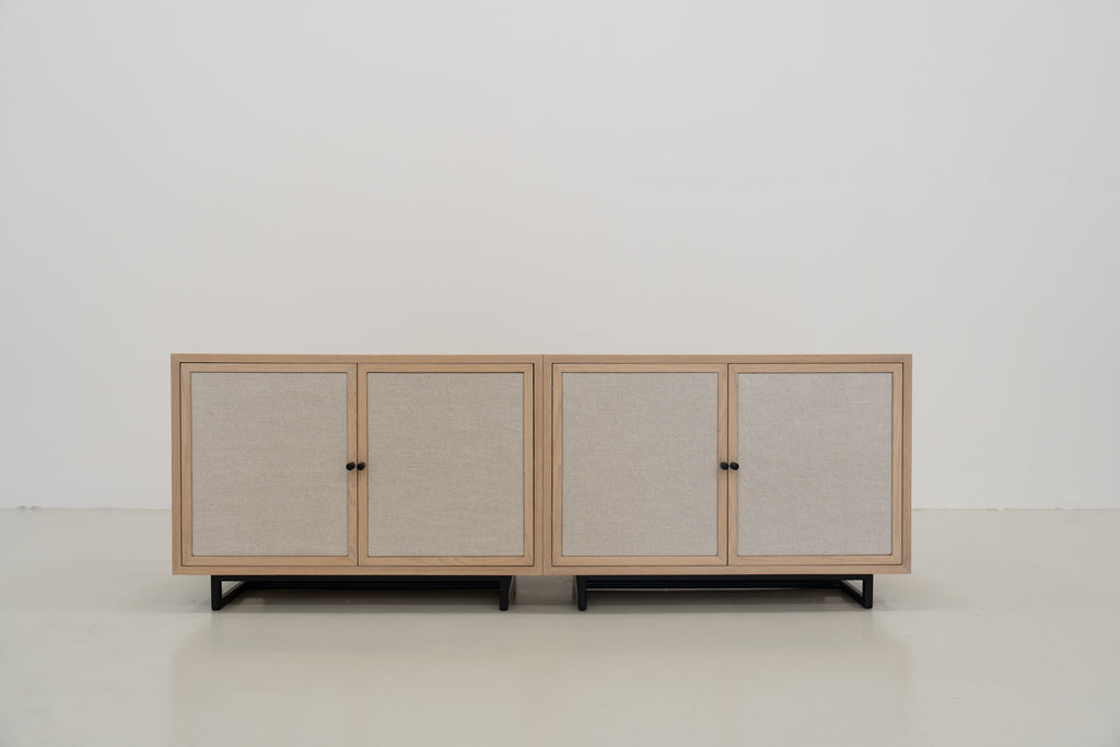 Shoreline Oak & Linen Media Console Front Perspective View 01