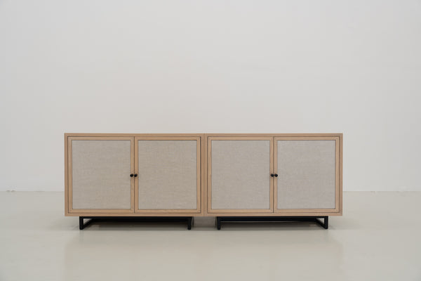 Shoreline Oak & Linen Media Console Front Perspective View 01