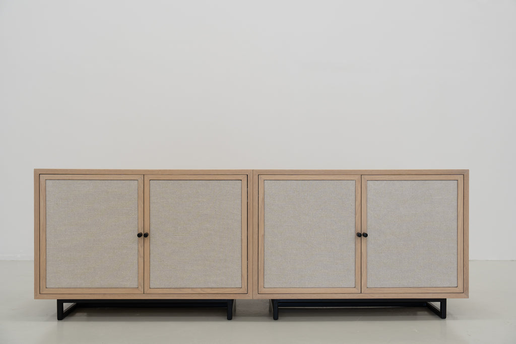 Shoreline Oak & Linen Media Console Front Perspective View 02