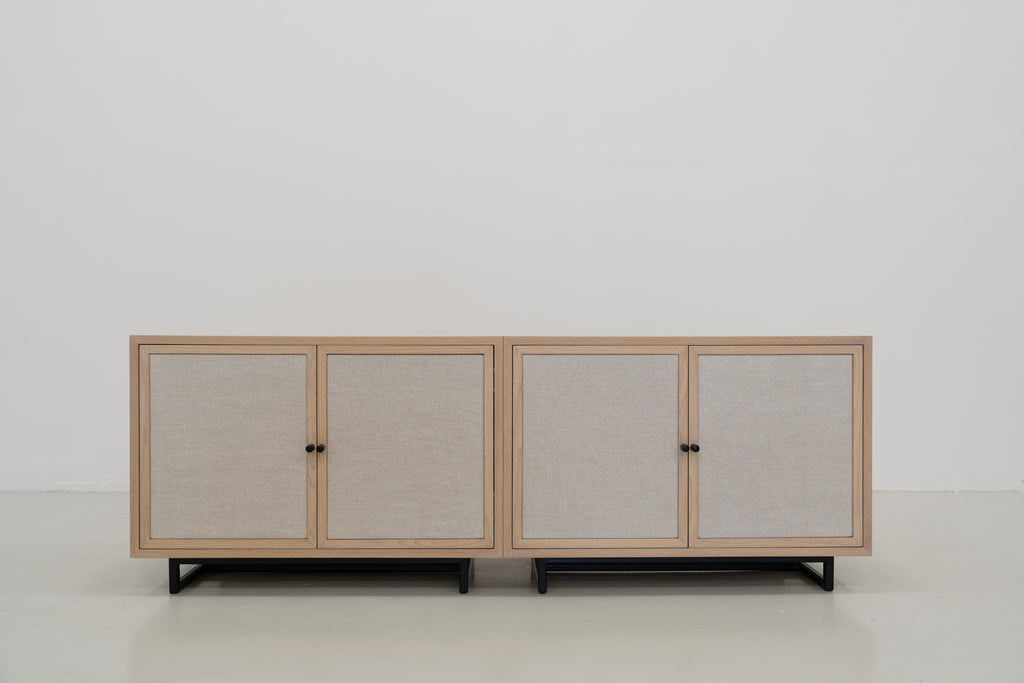 Shoreline Oak & Linen Media Console Front Perspective View 03