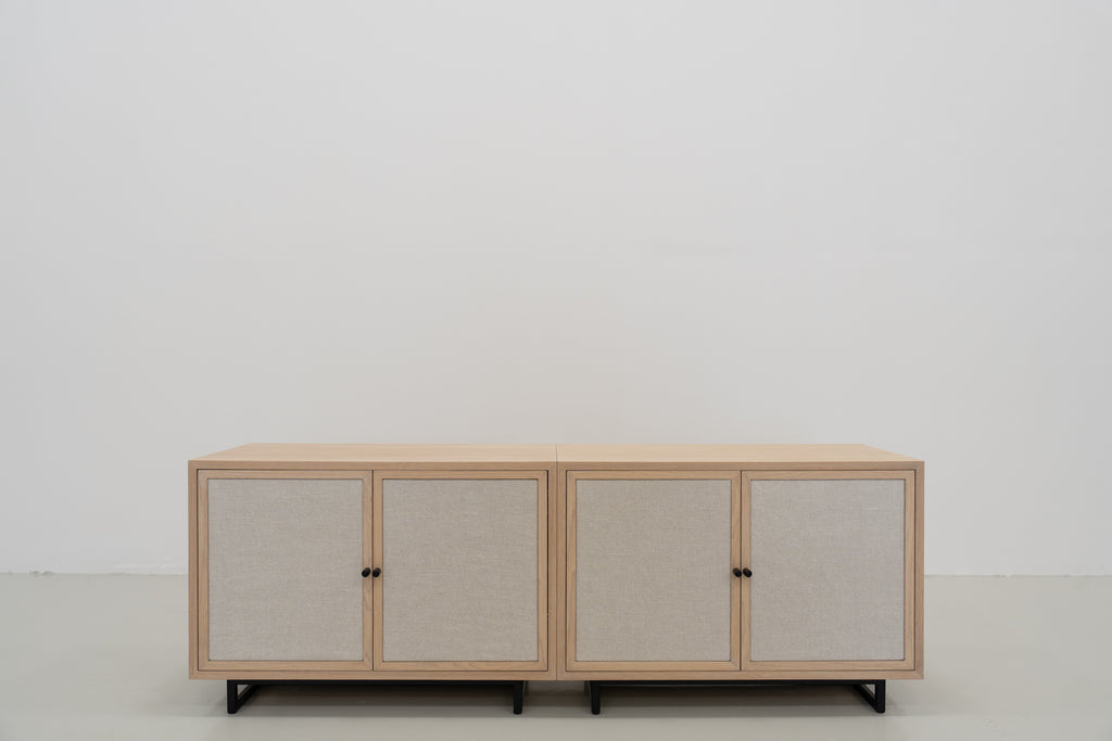 Shoreline Oak & Linen Media Console Front Perspective View 04