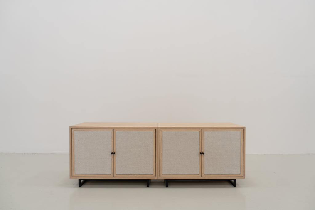 Shoreline Oak & Linen Media Console Front Perspective View 05
