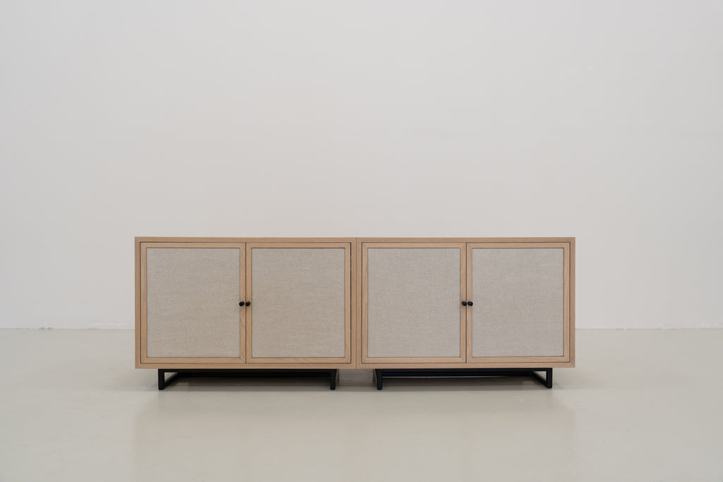 Shoreline Oak & Linen Media Console Front Perspective View 06