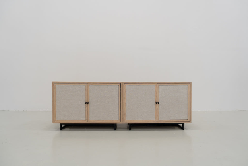 Shoreline Oak & Linen Media Console Front Perspective View 07