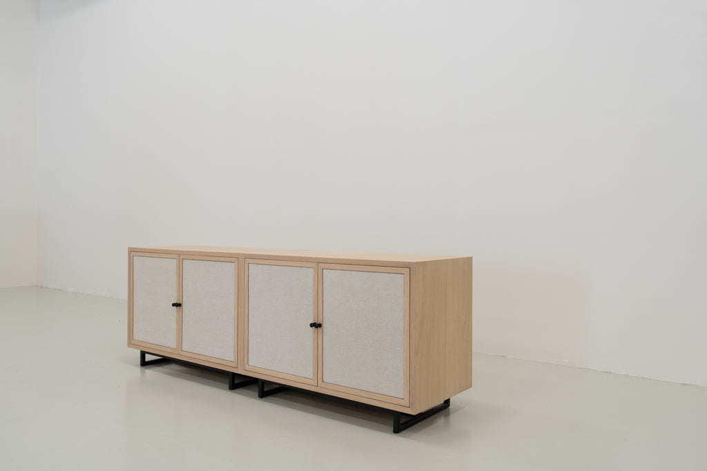 Shoreline Oak & Linen Media Console Perspective View 01